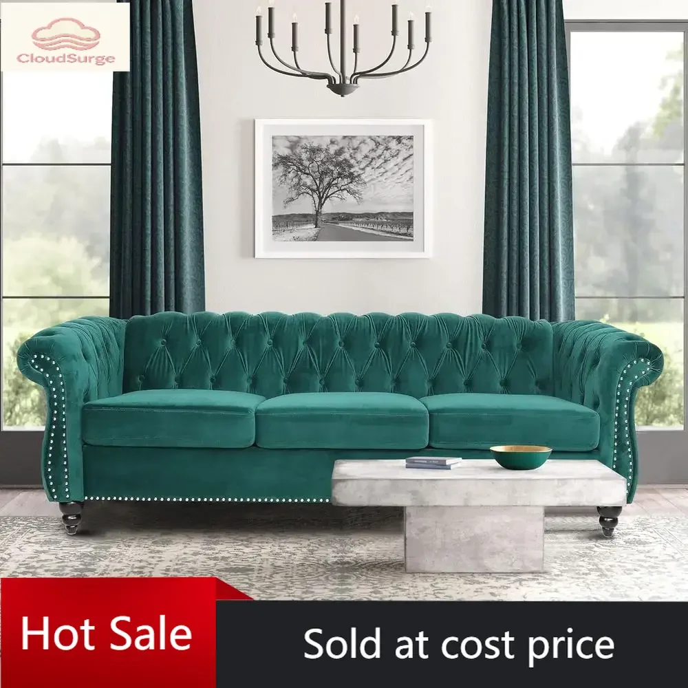 

Акция: ограниченное предложение по цене! Зеленый 3-местный диван Green 84 Tufted с изогнутыми подлокотниками и деревянными ножками для гостиной или спальни.