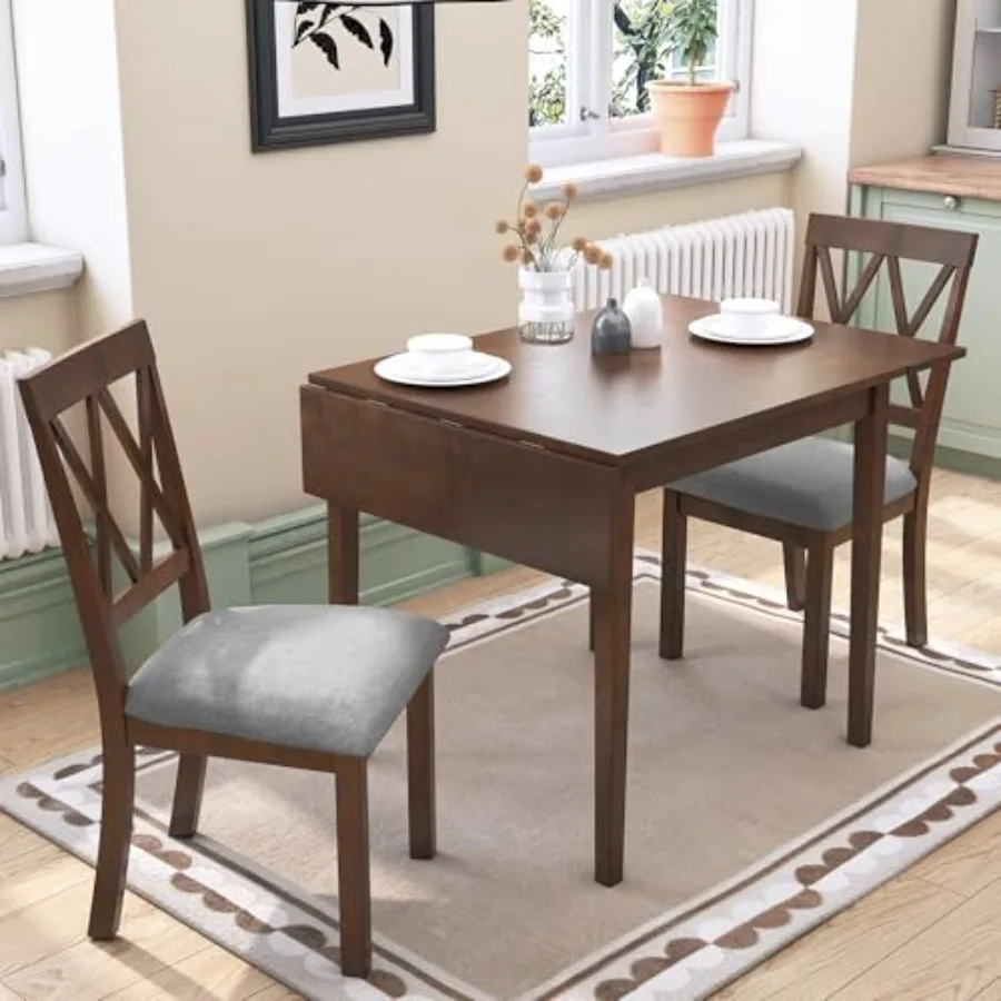 

Farmhouse kitchen island drop leaf table-chair set for small spaces: wooden folding table 29.57/45.67 with 2 backrest chairs, s