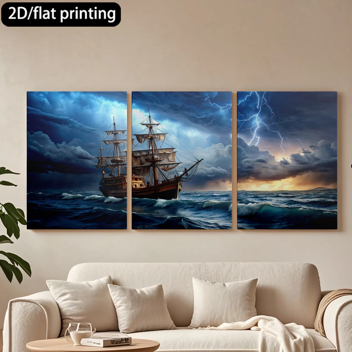 Juego de 3 cuadros decorativos con marco de madera, pintura en lienzo, barco de vela clásico, mares tormentosos, truenos. Decoración para pasillo y dormitorio.