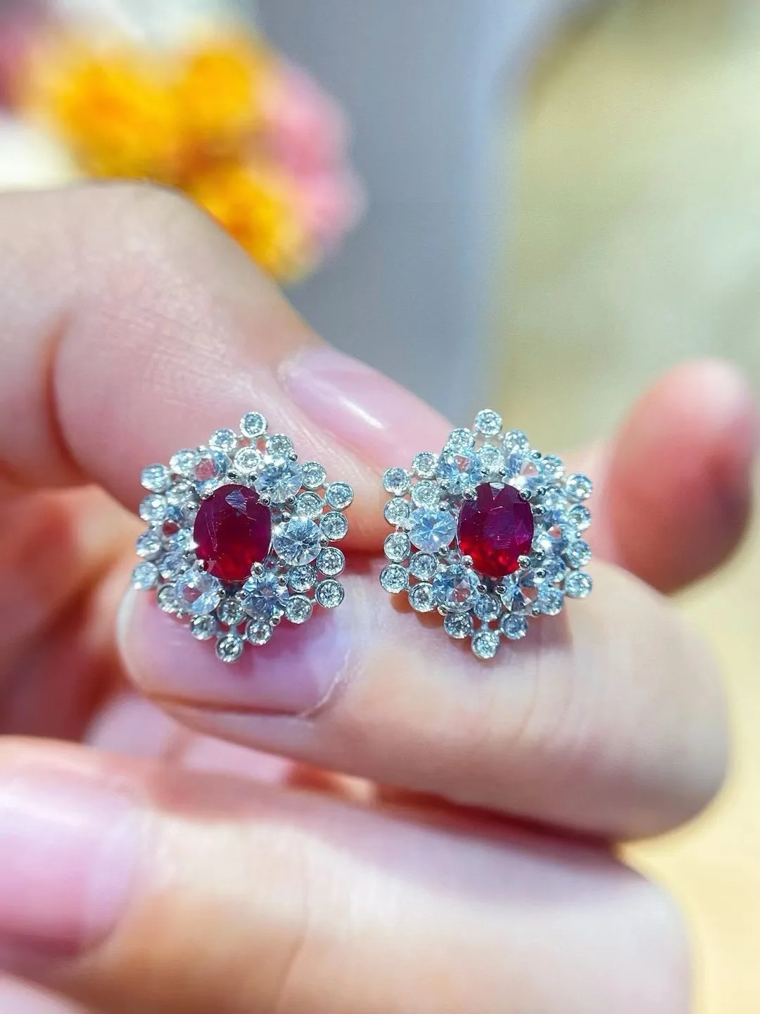 natural ruby and diamond stud earring 18K white gold fine women jewelry luxury free shipping