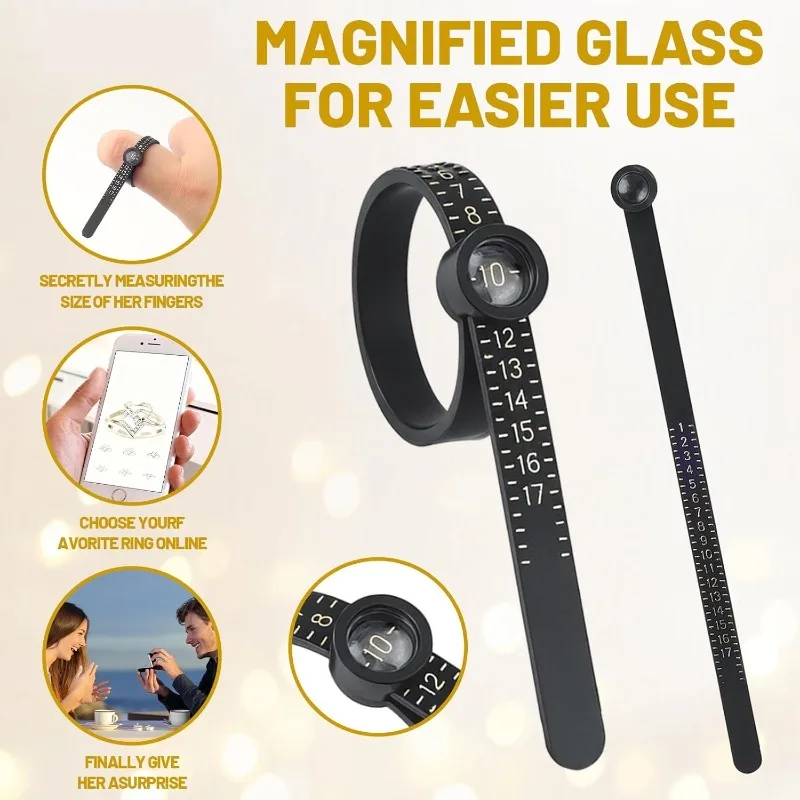 US/UK/EU/HK Finger Sizing Gauge Ring Size Measuring Tool Adjustable Ring Sizer Tape with Magnifier for Jewelry Measurement