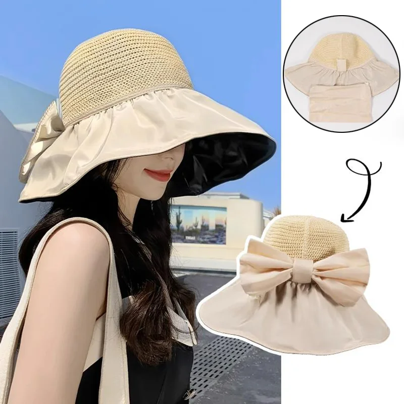 

Summer Women Big Bucket Hat UV Protection Sun Hats Solid Color Soft Foldable Wide Brim Outdoor Beach Panama Cap Ponytail Caps