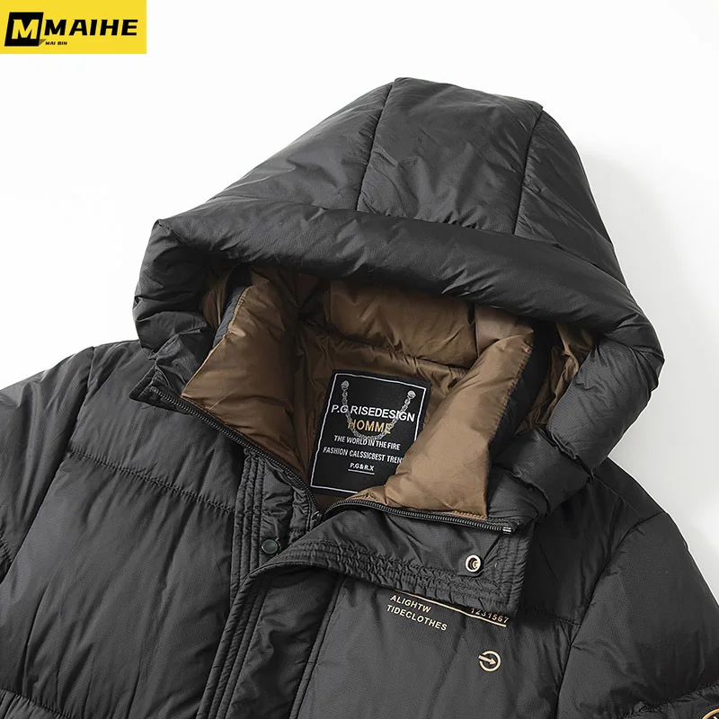 Winter Men Black Down Basic Coats Coffee & Blue Lining White Duck Down Thermal Puffer Parkas Hooded Warm Lightweight Outerwear