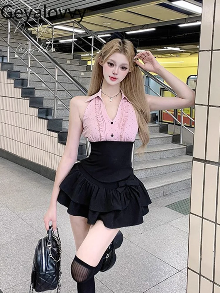 

Французский милый стиль, сладкий розовый жилет в горошек, топ без рукавов с лямкой на шее для женщин, комплект с высокой талией и бантом, короткая юбка