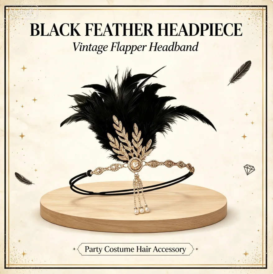 PESENAR 1920s Black Gatsby Flapper Costume Set Feather Headpiece Lace Mask Fan Pearl Bracelet Gloves for Masquerade Halloween Pa