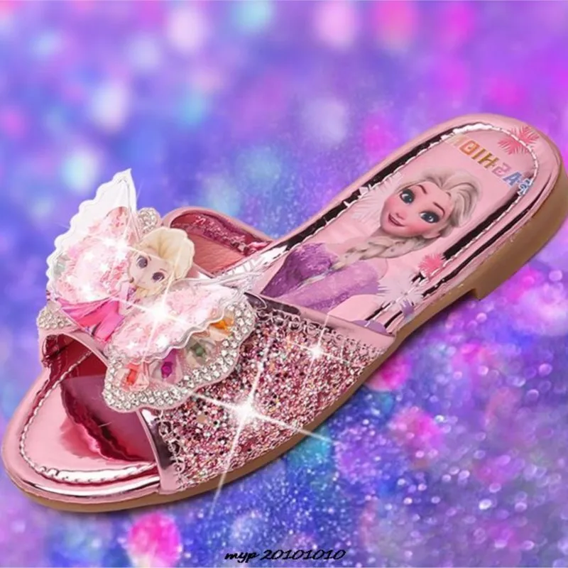 

Frozen Elsa Girls Summer Sandals Slipper Sequined Princesse Children Flat Heel Party Dress Elsa Shoes Leather Slipper Kid Slides