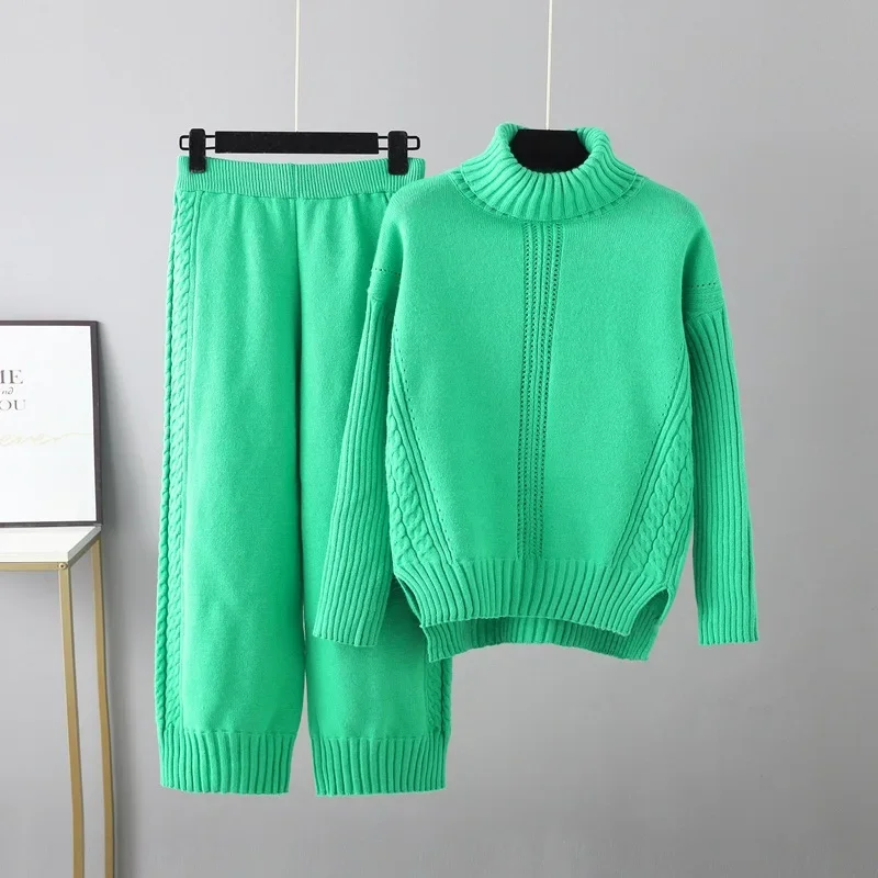 Damen 2-teiliges Set aus Rollkragenpullover und Mantel, Lässige Weite Hose mit Elastischem Bund, Herbst-Winter-Outfit – Detail 7