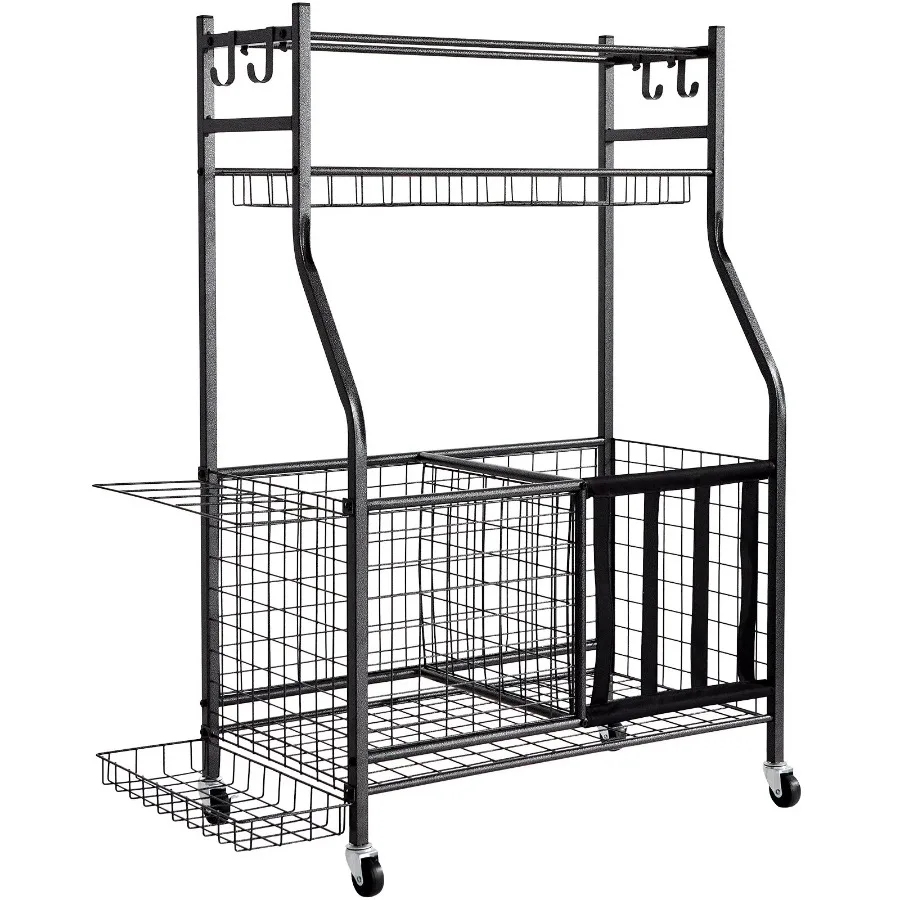 

Sports Equipment Garage Organizer Rolling Ball Storage Cart on Wheels Basketball Rack with Baskets and Hooks Indoor Outdoor Sp