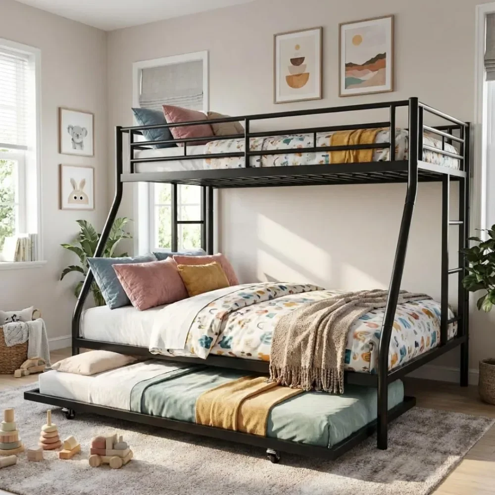 HOT Heavy Duty Twin Over Full Metal Bunk Bed with Trundle, Safety Guardrails & Ladder Steel Frame, Customized