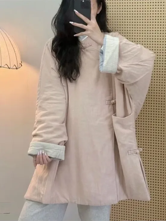 

Thiened Linen Cotton Jaet Pure Color Versatile Side Buttoned Loose Fit Winter Outerwear Commute Sle Regular Sve Long