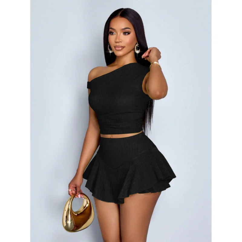 Women's Off-Shoulder Two Piece Set - Asymmetrical Skort & Top with Secure Design, Elegant Resort Wear Outfit