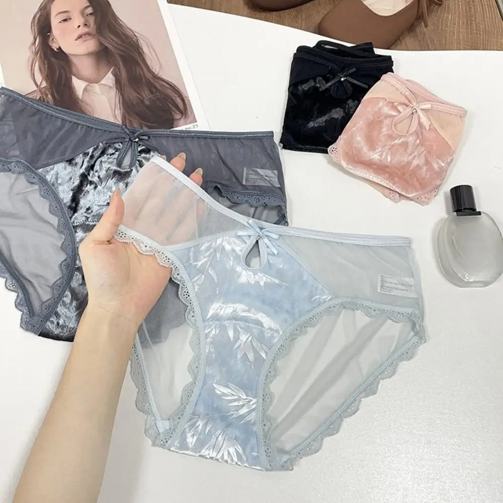 

Breathable Low Waist Lace Mesh Panties Transparent Chinese Style Seamless Briefs Velvet Lingerie Underwear for Women Ladies