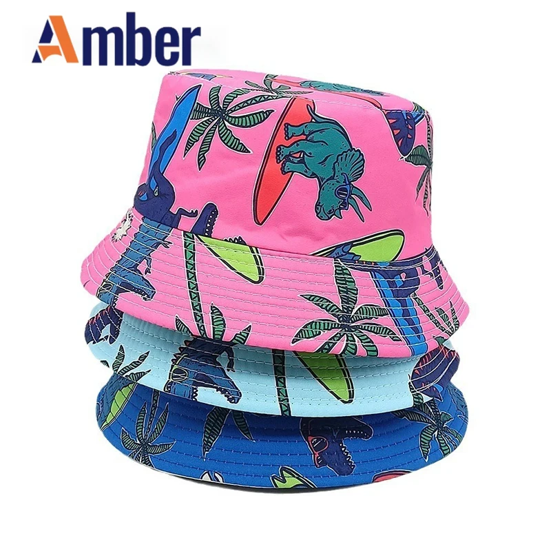 

Amber Children Bucket Hat Cartoon Fisherman Hats Boy Girl Kids Panama Cap Dinosaur Pattern Printing 54cm Outdoor Shading Beach