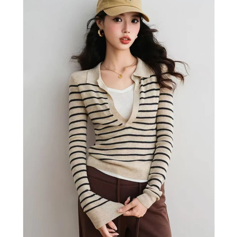 Sueter Feminino Turn Down Collar Striped Knitted Sweater Women Pullovers New Long Sleeve Knit Sweater Pullover Women Tops Q2113