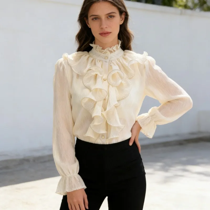 

Retro Court Style Solid Color Elegant Thin Women's Shirt Spring and Autumn Fashion Half High Collar Lantern Sleeve Cardigan New