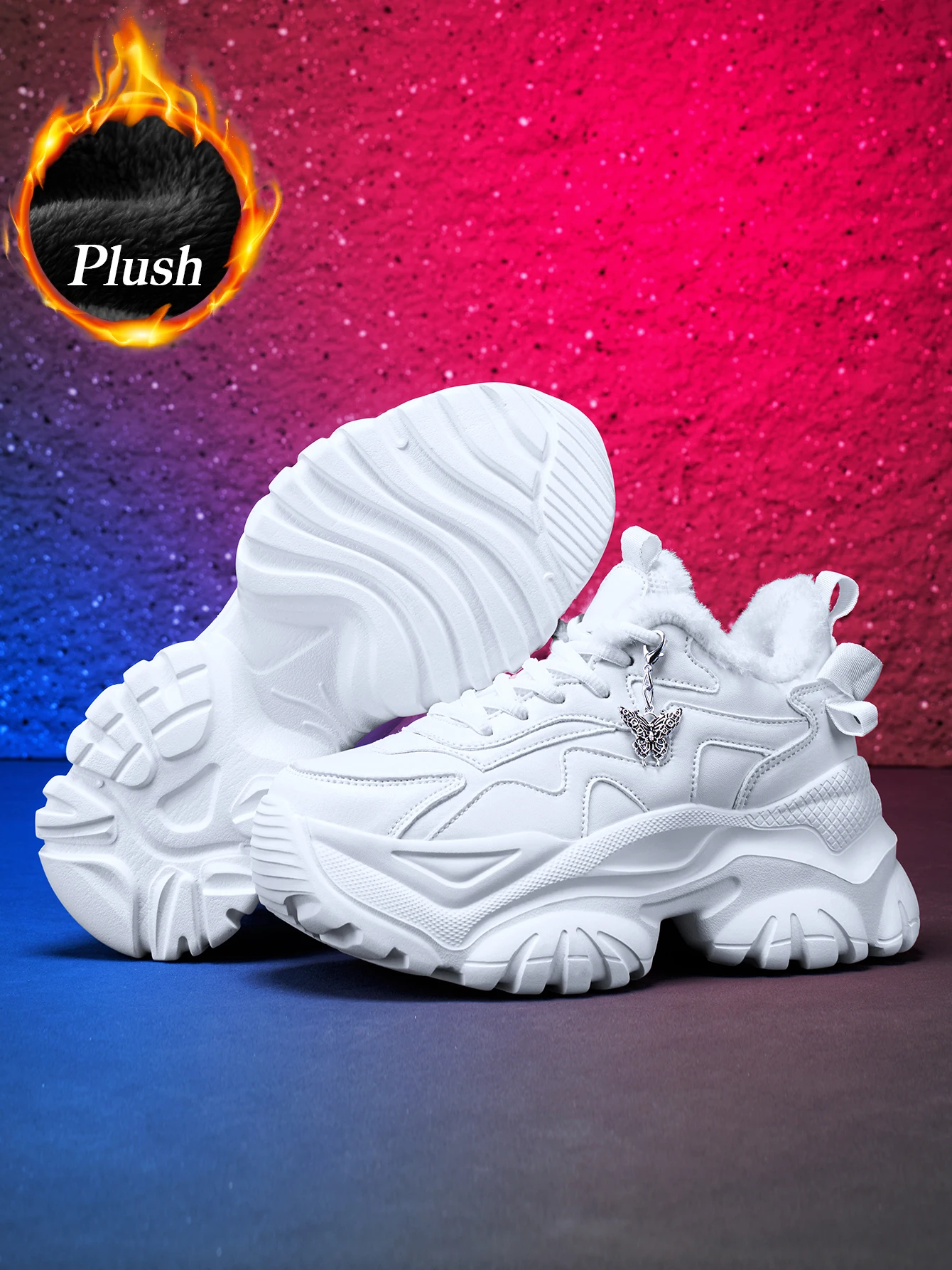 Damen-Winterschuhe für den Außenbereich, modische, vulkanisierte Schuhe, Eva, leicht, mit dicker Sohle, 7 cm Absatzhöhe, lässige Sneaker mit abnehmbarem, silberfarbenem Schmetterlingsanhänger im Punk-Stil, bequeme und warme weiße Schuhe für den täglichen Gebrauch. – Detail 5