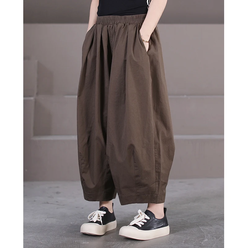 Women's Wide Leg Pants Korean Style Casual Nine Points Lantern Pants with Pockets Loose Fit plus Size Cuffed Trousers