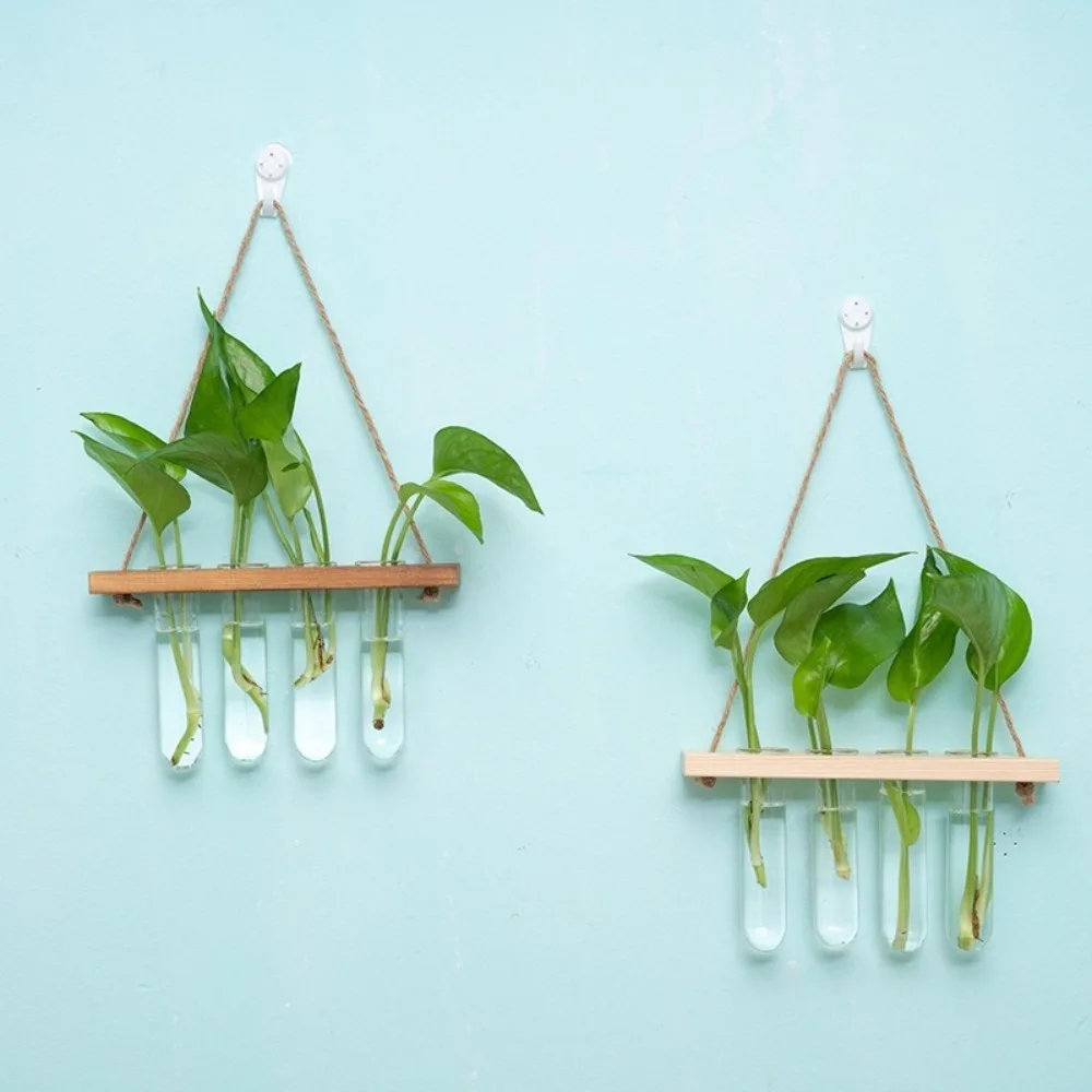 Hydroponic Plant Test Tube Glass Wall Vase Hanging Wooden Hanging Hemp Rope Flower Stand Wall Decoration for Home Decor Gifts