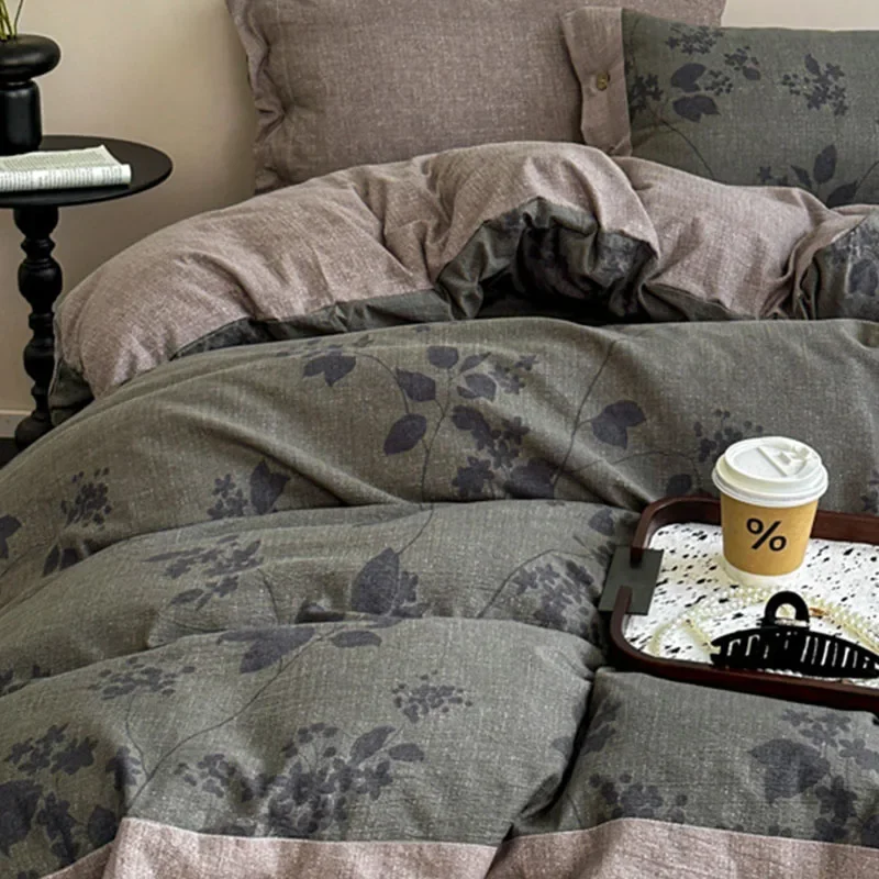Retro Linen Double-Layer Yarn Bedding Set Class A Thickened Plant Prints Bedclothes High Quality Skin-Friendly Buttons Bed Linen