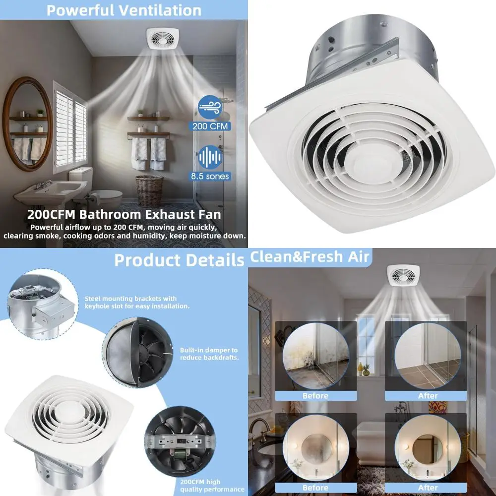 

8 Ceiling-Mounted Kitchen & Bathroom Exhaust Fan, 200 CFM, 8.5 Sones for Ventilation in Kitchen, Bathroom, Laundry, and Garage