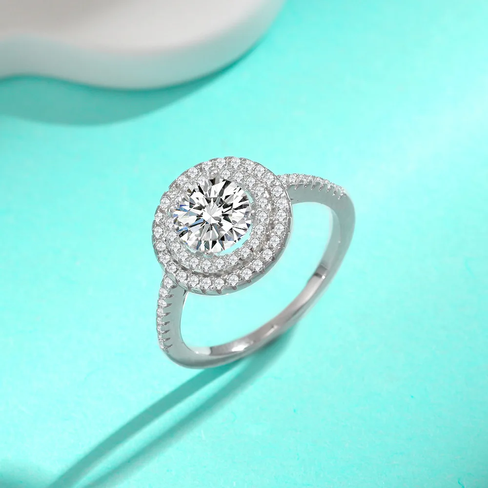 JH 925 فضة معبد بالكامل خاتم للنساء D VVS1 مويسانيتي جولة مرصع السماء المرصعة بالنجوم خاتم الزواج الزركون #5