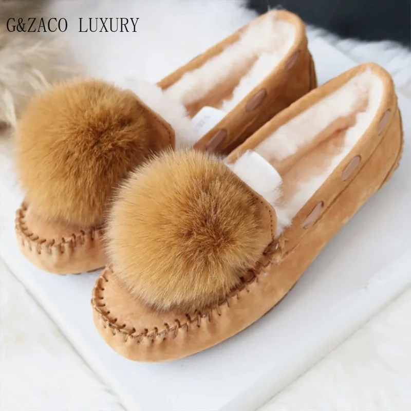 G&Zaco Luxury Autumn Winter Sheep Fur Flats Shoes Natural Fox Fur Genuine Leather Cow Suede Shoes Nubuck Female Flats Shoes