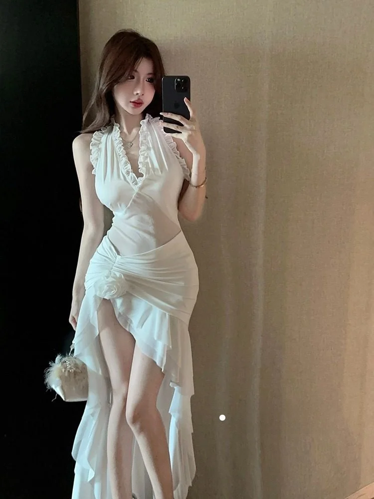 

White Asymmetrical Neline Dr Women's Sexy Sle Svel Beach Vaion Long Skirt Autumn New Arrival Hanging Ne