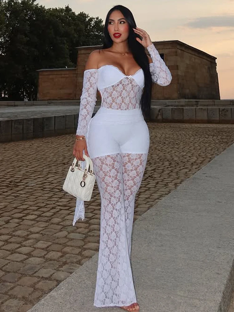 

Kliou Lace Patchwork Jumpsuits Woman Slash Neck Backless Full Sleeve Ribbon Skinny Wrap Hip Hottie Street Sexy Fashion Overalls
