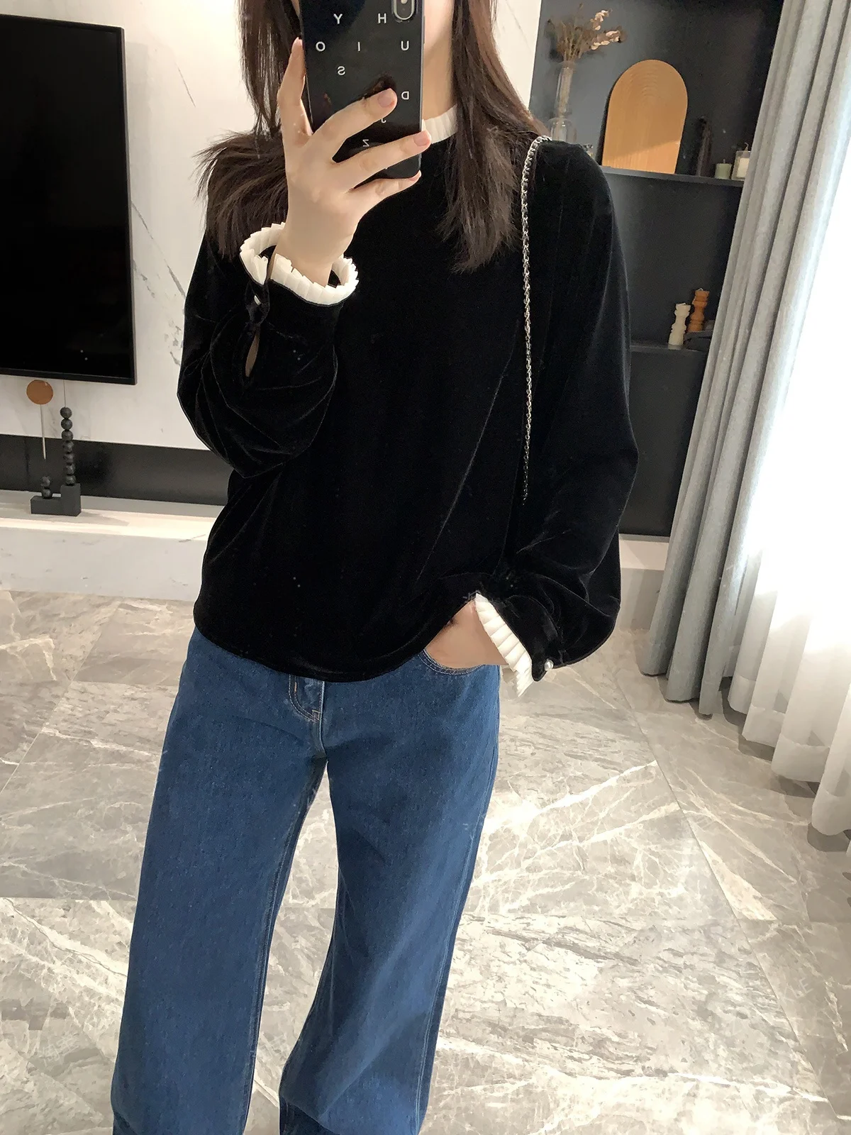 

Элегантная длинная черная бархатная блузка с плиссированным воротником-стойкой для женщин, модная новинка весеннего сезона, для офиса и повседневной носки