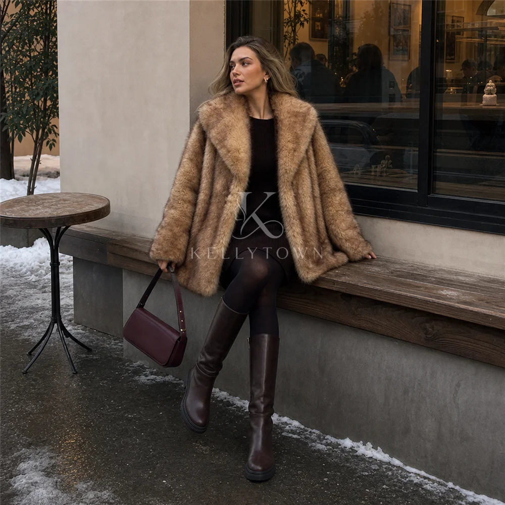 Faux Fur Coat Women Oversized Turn Down Collar Open Front Long Sleeve Flare Sleeve Long High Street Autumn Winter шуба женская