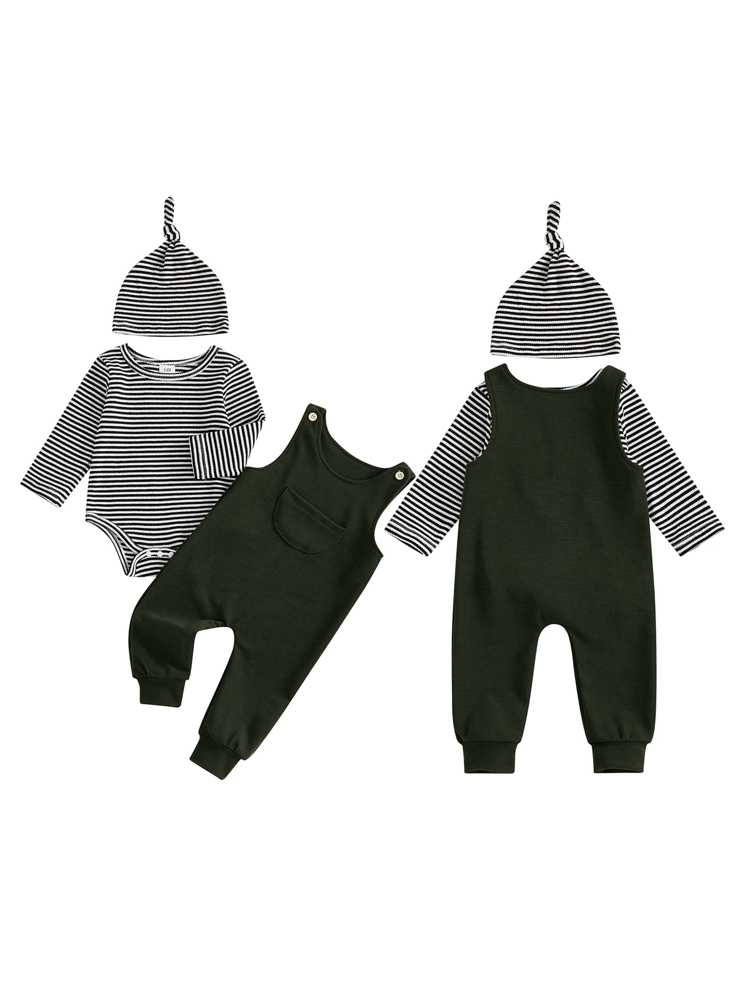 

Infant Boys 3-Piece Set Striped Bodysuit Solid Color Overalls and Matching Hat - Newborn Outfit Ensemble for Little Guys