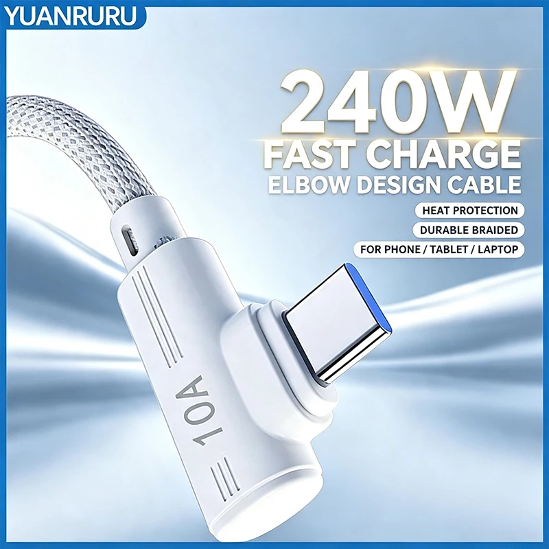 240W 10A USB To Type-C Cable 90 Degree Elbow Mobile Phone USB C Fast Charging For Huawei Xiaomi Samsung Phone Charging Cord