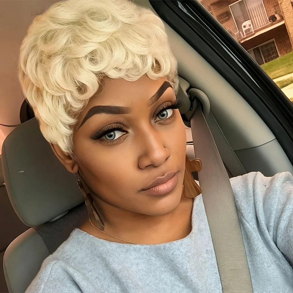 

Парик с стрижкой пикси, вьющиеся волны, человеческие волосы, короткие глубокие волны с челкой для женщин, полный парик машинного производства