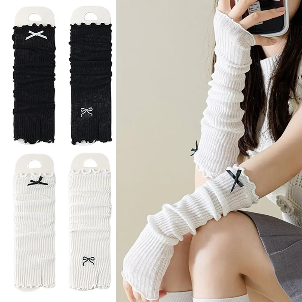 Y2K Embroidered Bow Lolita Lace Gloves Elastic Warm Arms Fingerless Mittens Japanese UV Protection Gloves Cosplay Accessories
