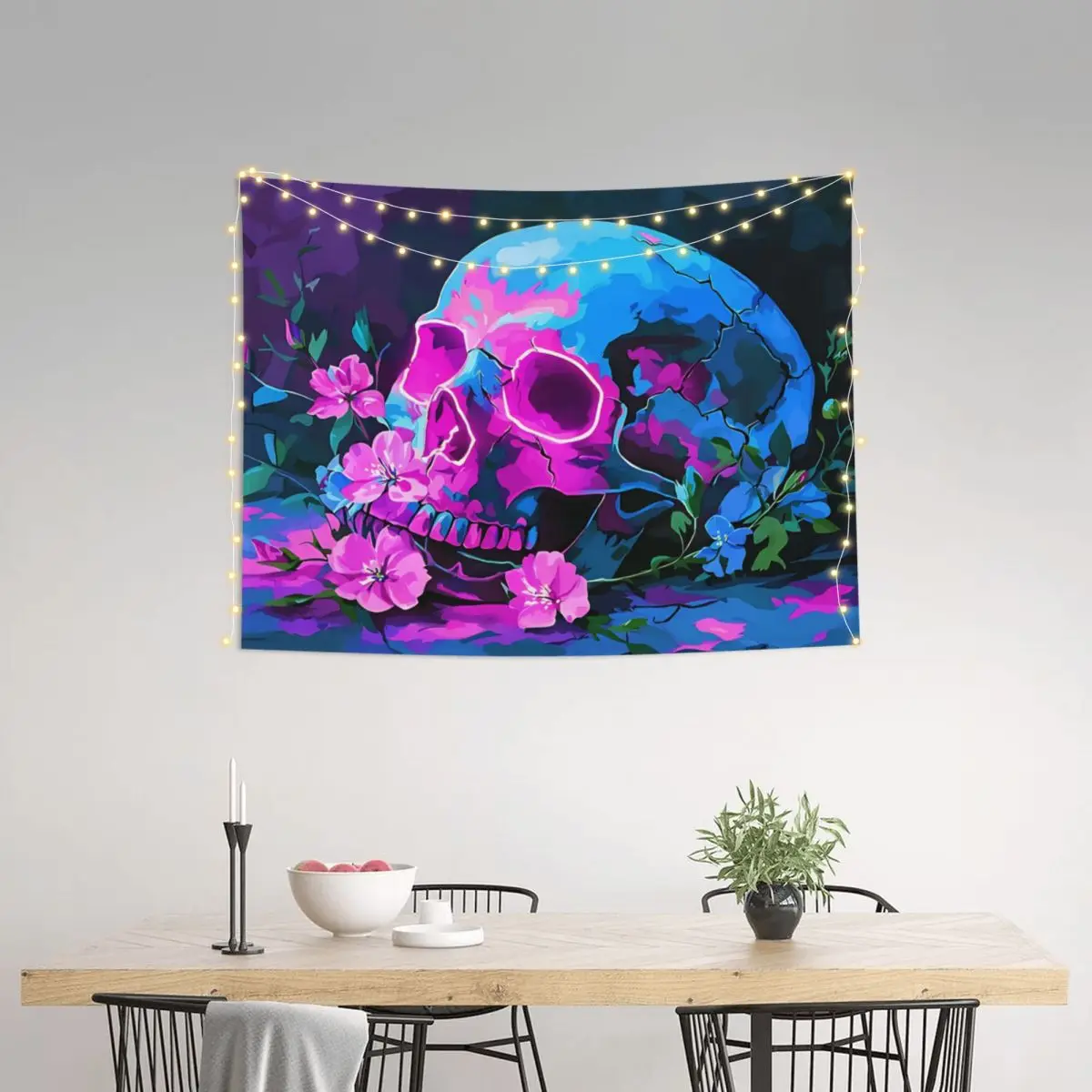 Gothic Foral Skull Tapestry Hippie Polyester Wall Hanging Halloween Mysterious Wall Decor Table Cover Witchcraft Wall Blanket