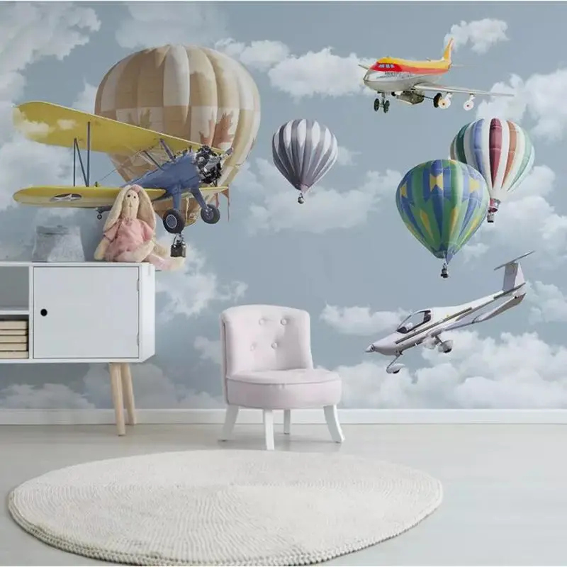 wellyu Nordic minimalist hand-painted wallpaper cartoon airplane balloon children's room TV background custom 3d photo wallpaper