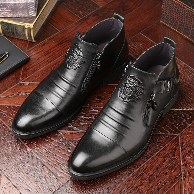 Zapatos de cuero de tacón cuadrado para hombre, botas cortas de vestir con cremallera, versátiles, a la moda, color negro, para primavera y otoño