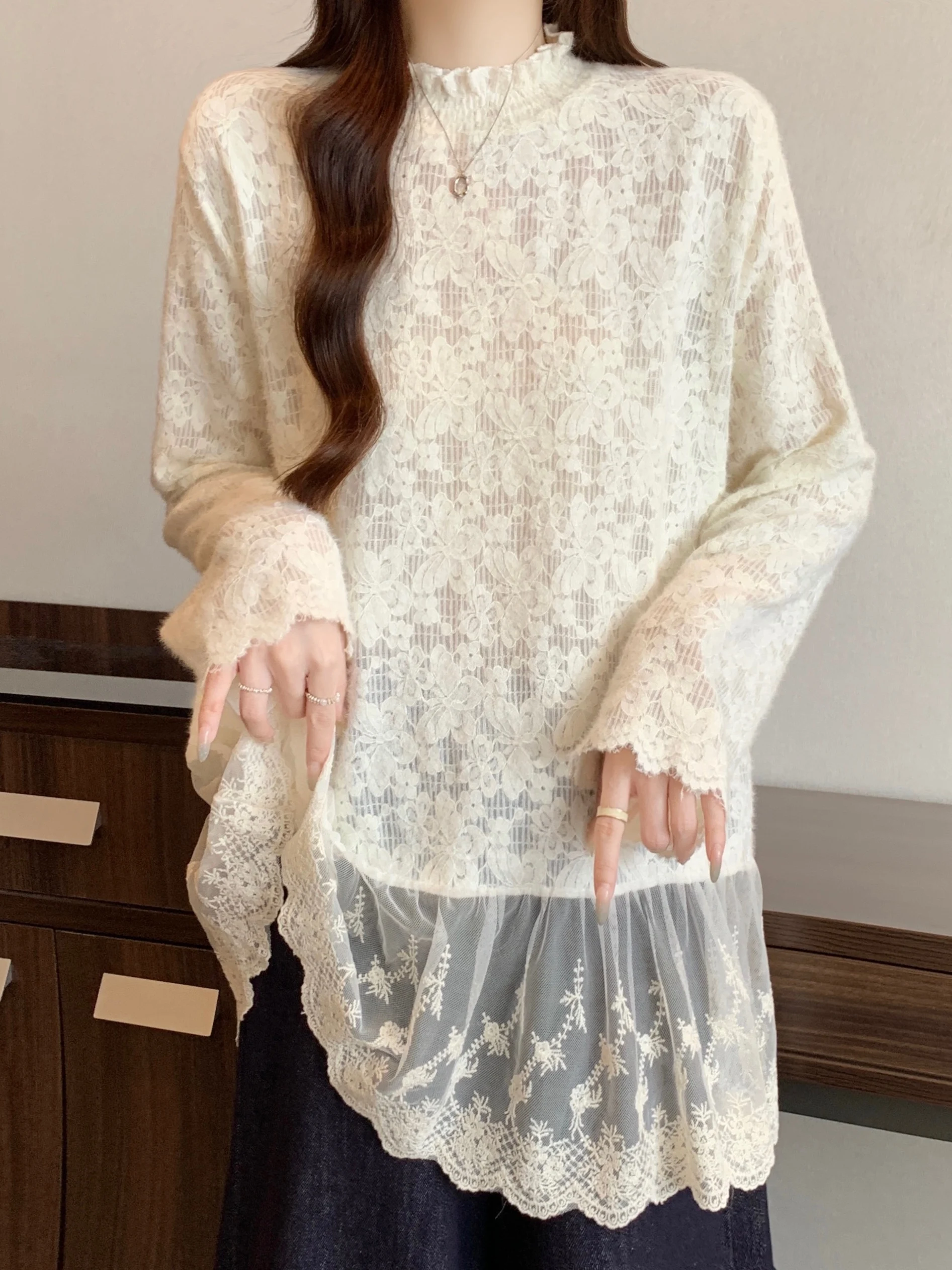 

plus Size Casual High Neck Long Sleeve Lace Blouse Women's Autumn Winter Loose Fashion Top Slimming Base Shirt Korean Style