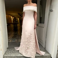 Vestido de noche de lujo con perlas y hombros descubiertos, flores con lentejuelas, vestidos de invitados de boda para mujer, vestido Formal de cola Watteau de pelusa