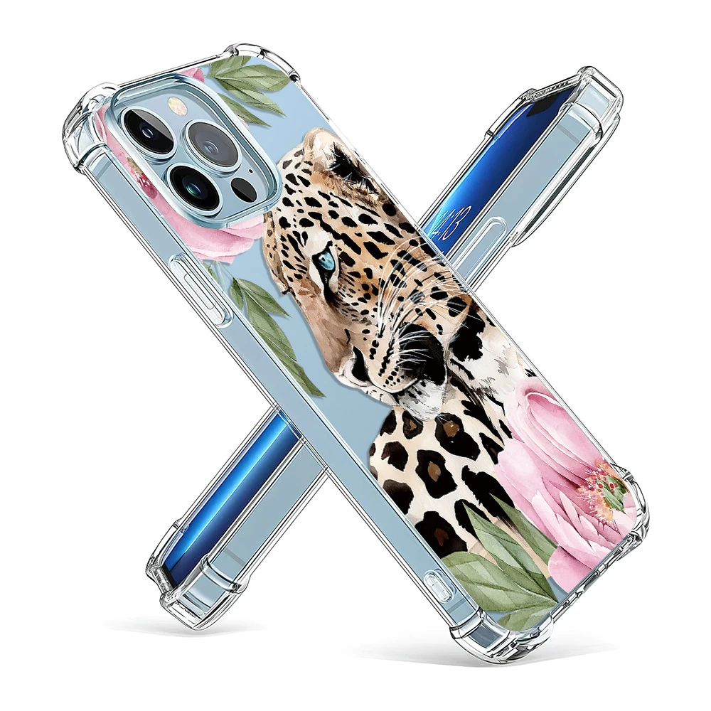 Odporne na wstrząsy etui na telefon iPhone 15 14 13 12 11 Pro X XS XR Max 7 8 Plus SE Mini kwiat Tiger Leopard miękka przezroczysta tylna obudowa TPU