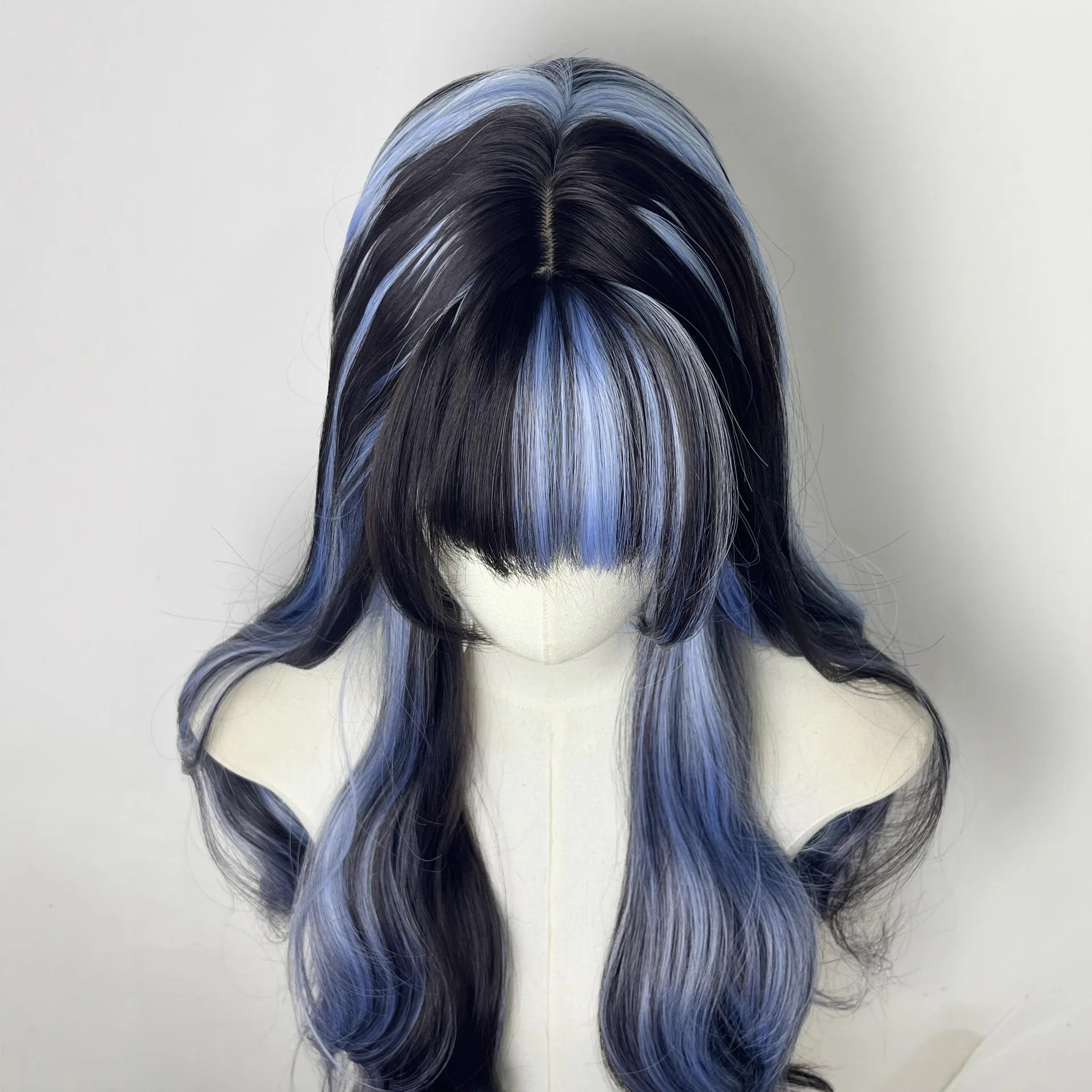 Long Wavy Black Blue Highlight Wig for Women with Bangs Synthetic Heat Resistant Lolita Cosplay Halloween Party Hair