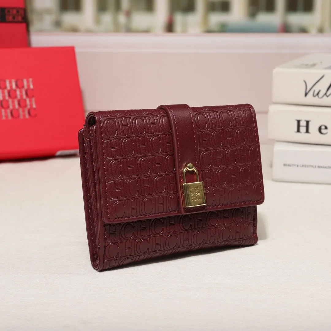CH Women Classic Print Embossed Square Wallet, Foldable Snap Closure Purse, Compact Lightweight Luxury Wallet CA10