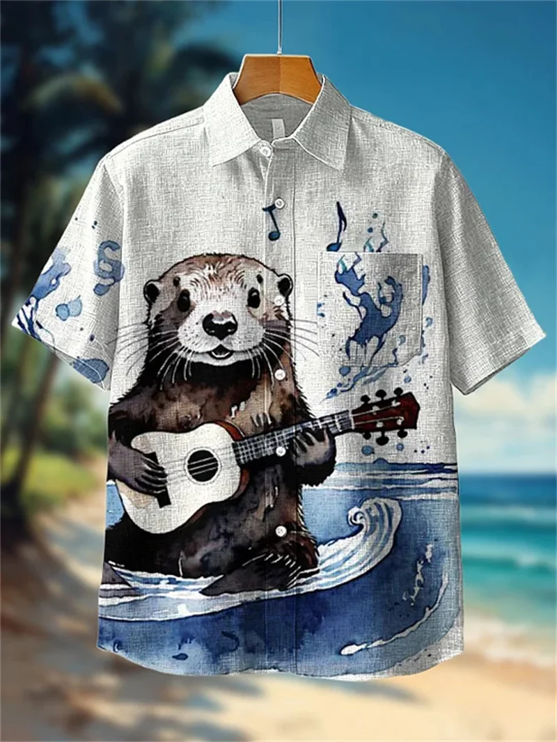 Hawaiian Casual Shirt Men's Summer 3D Wave Print Retro Short Sleeved Linen Top Suitable for Clothing Tops