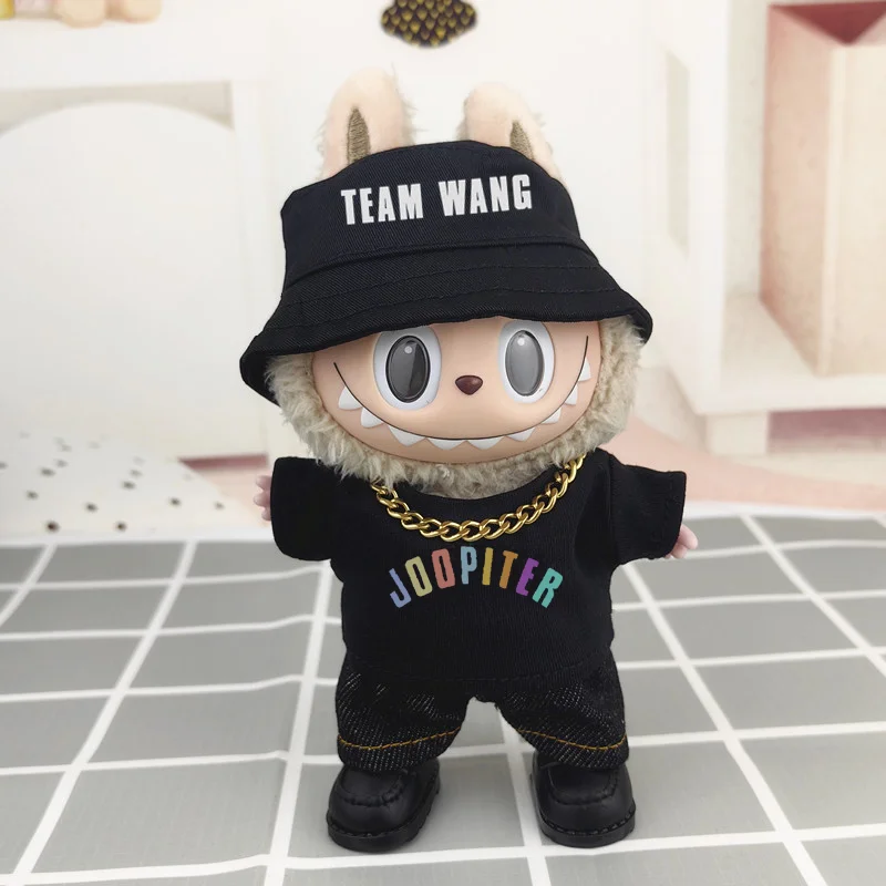 

17cm Labubu Teamwang T-shirt Vest Hat Outfit Set Cute Doll Clothes Fashionable POPMART Figure Accessories