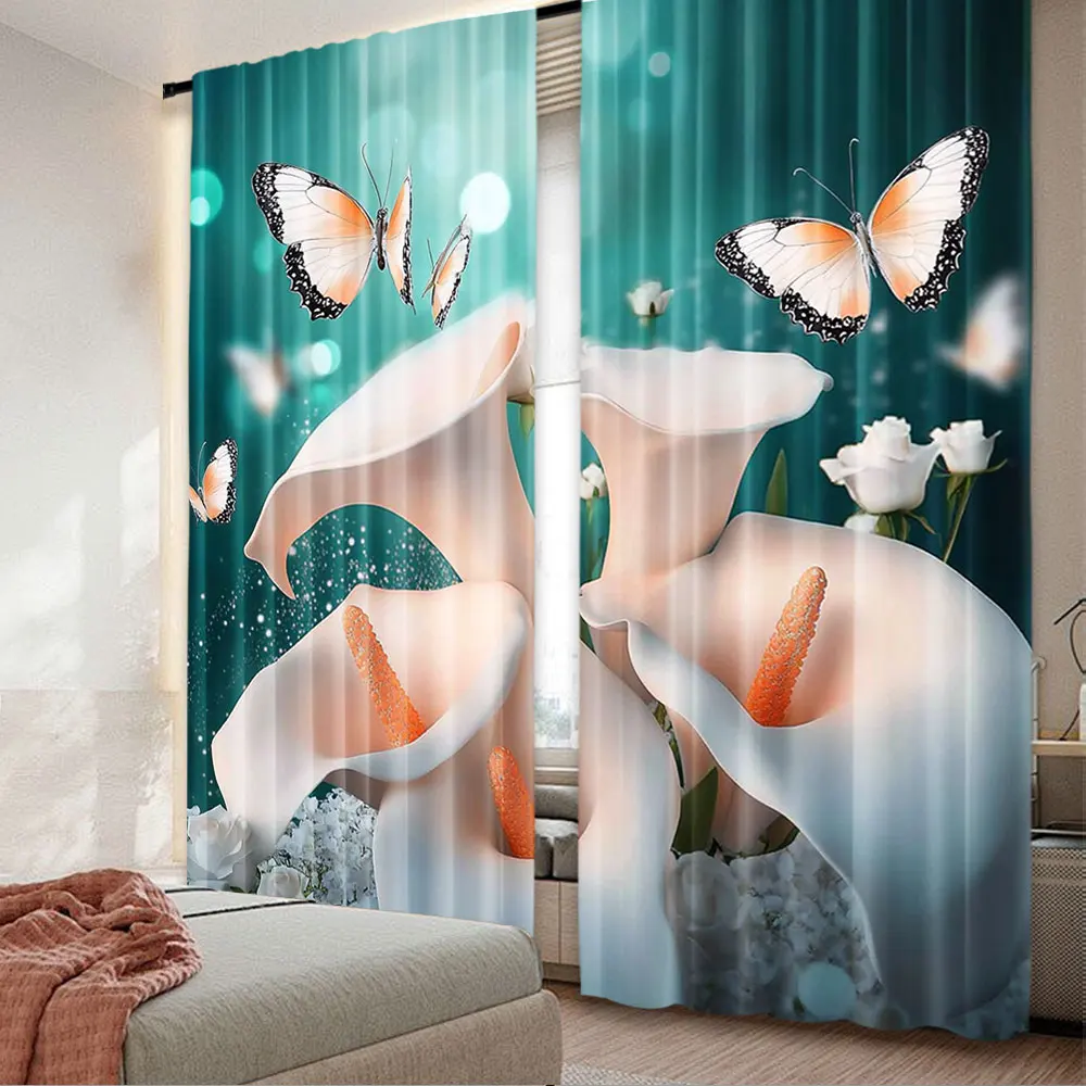 2Pcs Flower Butterfly Curtain White Flower Fantasy Spring Floral Scene Rose Dream Plant Nature Scenery Curtain A