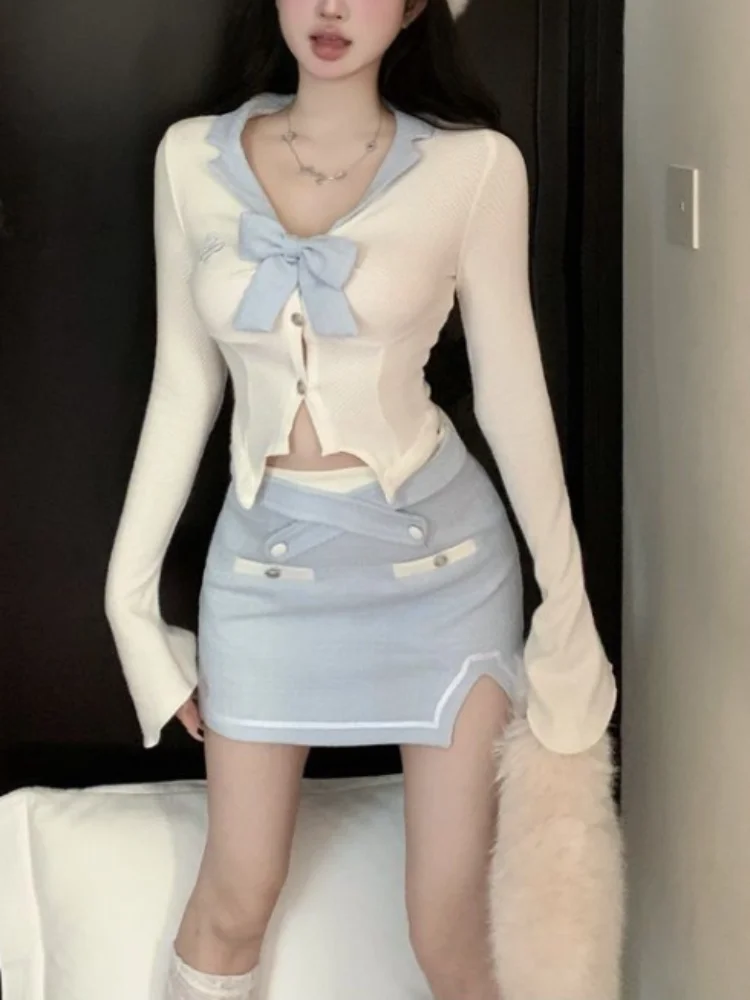 

2023 Autumn Kawaii Blue Suit Woman Japanese Style Y2k Crop Tops + Slim Bodycon Mini Skirt Party Lolita Fashion 2 Piece Set Chic