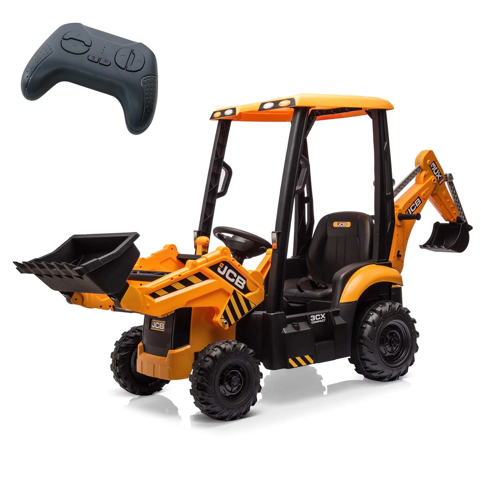 4 em 1 escavadeira JCB, brinquedo de passeio de escavadeira infantil de 12V com controle remoto e carregador frontal e escavadeira, quatro formatos transformáveis