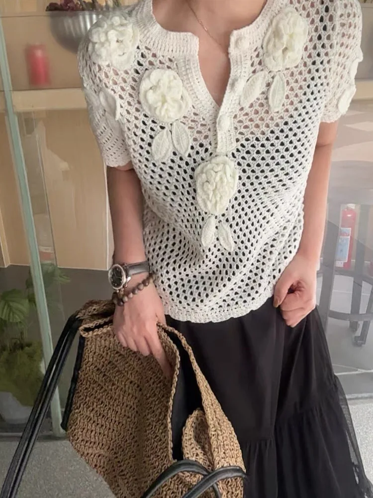 Luksusowy europejski kardigan dziergany z otwartym krojem, bogaty haft, ażurowy wzór z trójwymiarowymi kwiatami, uniwersalny.