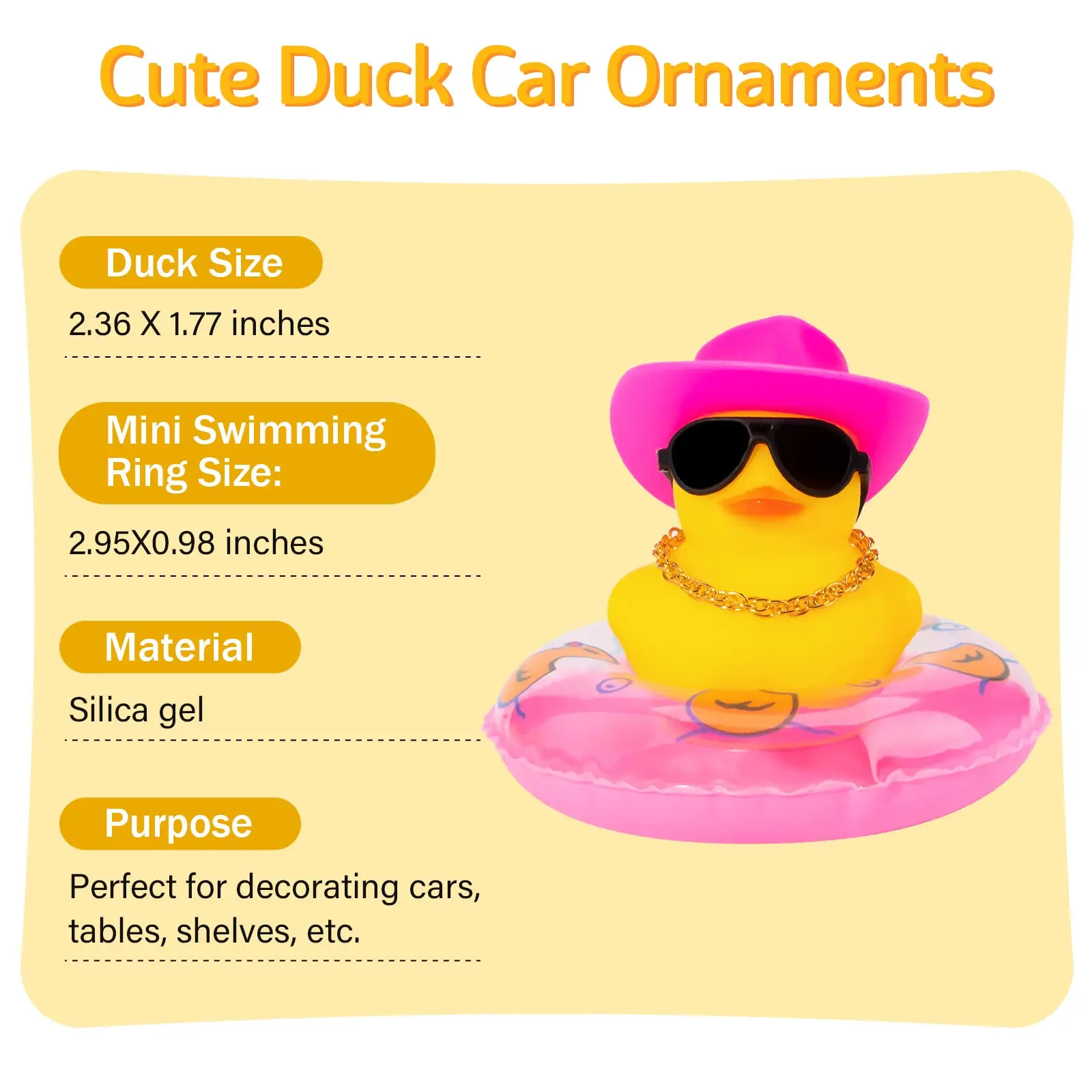 Rubber Car Duck Decoration Dashboard Car Ornament , Accessories with Mini Sun Hat Swim Ring Necklace and Sunglasses