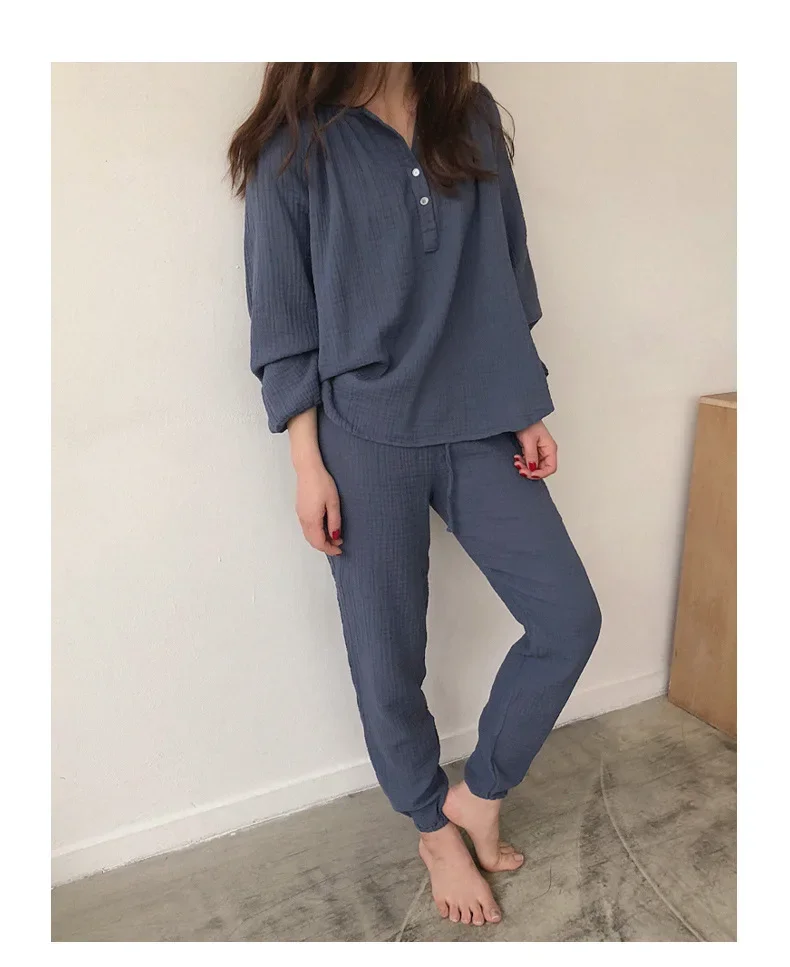 Muslin Pajamas For Women 100% Cotton 2 Pieces Sets Long Sleeve V-neck Button Up + Pants Outfits Sleepwear Home Casual Soft Suits